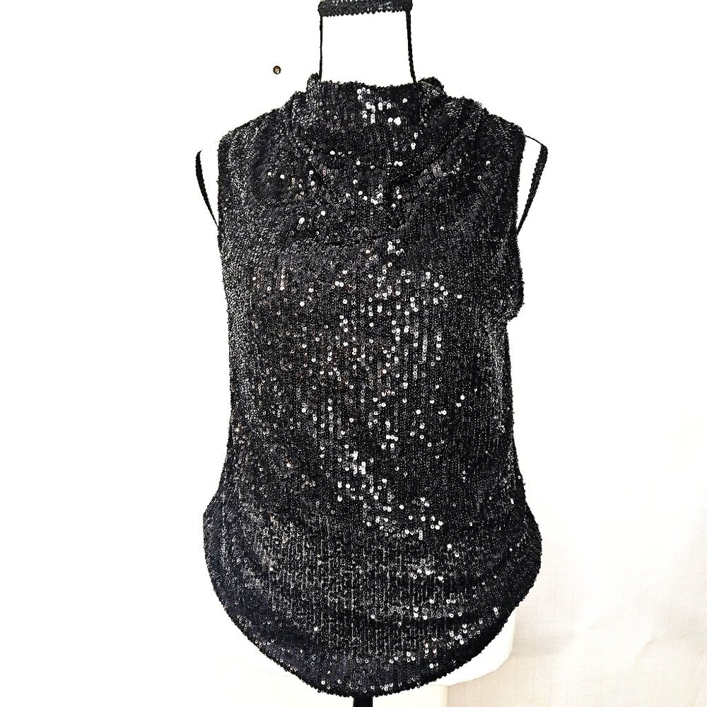 Black Sequin Small Sleeveless Top w Sophisticated Cowl Neckline